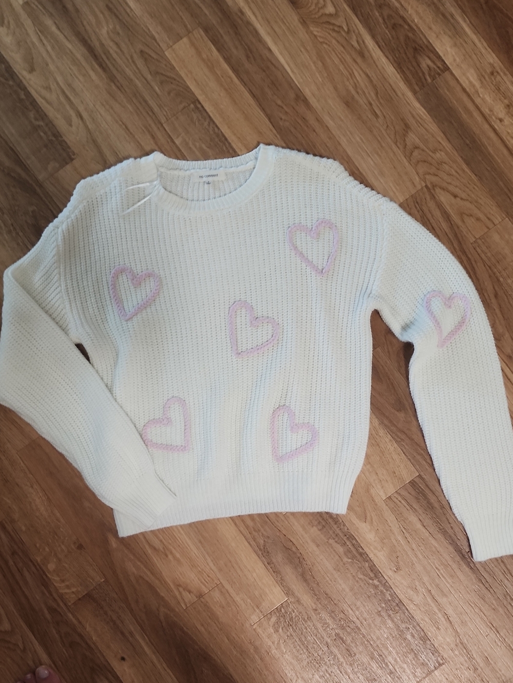 Womens White Knit Sweater with Pink Heart Accents